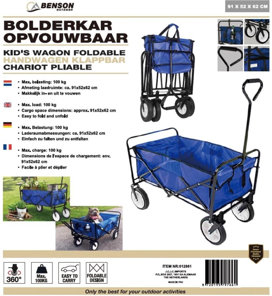 Benson Opvouwbare Bolderkar - 91x52x62 Cm - Max 100 Kg - Blauw 4 Benson Opvouwbare Bolderkar - 91x52x62 Cm - Max 100 Kg - Blauw - Afbeelding 2
