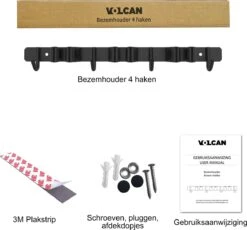 Volcan Bezemhouder - Bezem Ophangsysteem Tuingereedschap - Gereedschapshouder - Zelfklevend - 3M Tape - 3 Houders 4 Haken - RVS Zwart -Tuin-Gereedschap Winkel 1200x1117